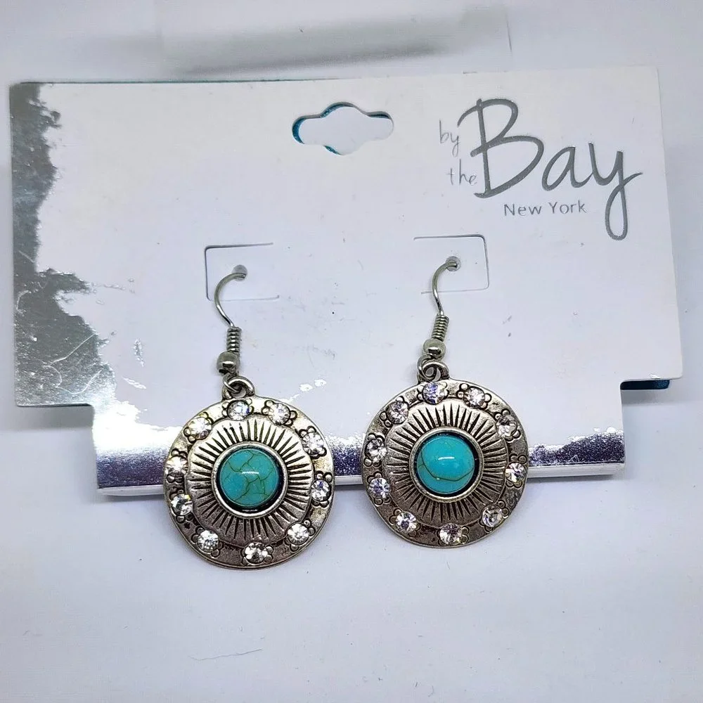 By the Bay NY Southwest Tribal Round Dangle Rhinestone Turquoise Earrings